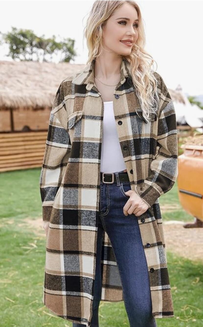 Plaid Jacket Shacket Button Wool Blend Long Tartan Trench Coat with PocketsSMALL